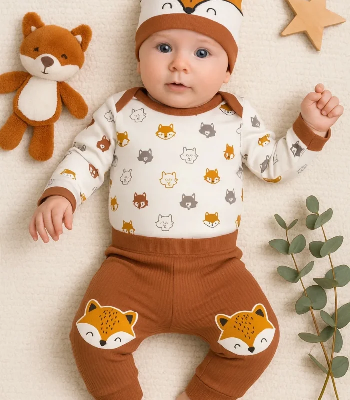 3-12 Ay Erkek Bebek Takımı Little Fox 3lü Kahverengi