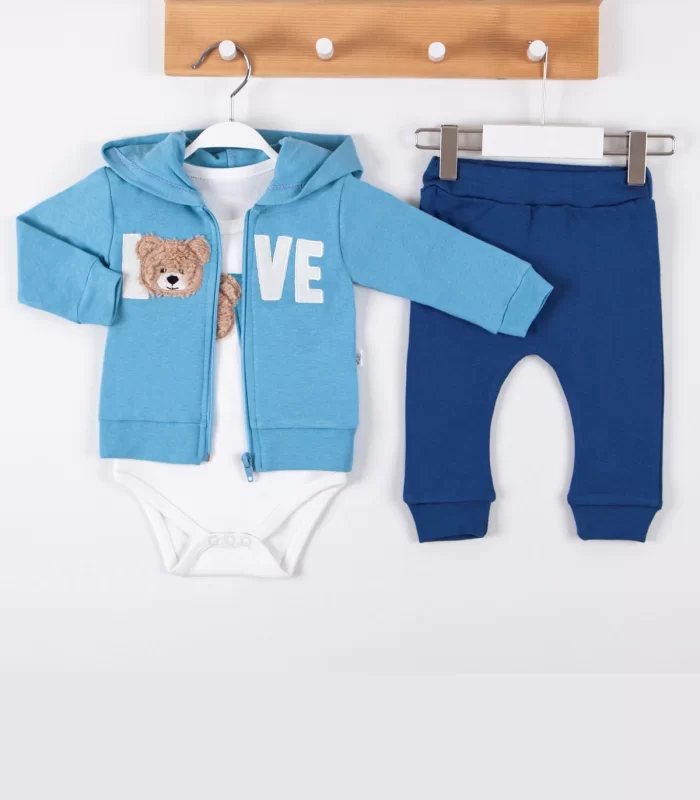 3-12 Ay Erkek Bebek Takımı Love Bear Nakış Hırkalı 3lü Mavi