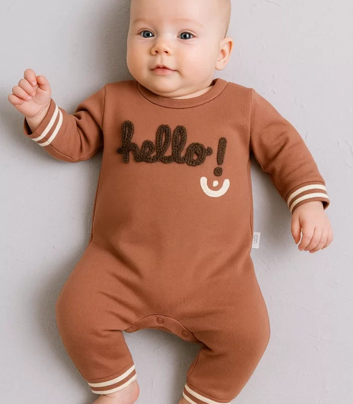 3-12 Ay Erkek Bebek Tulum Hello Nakışlı Kahverengi