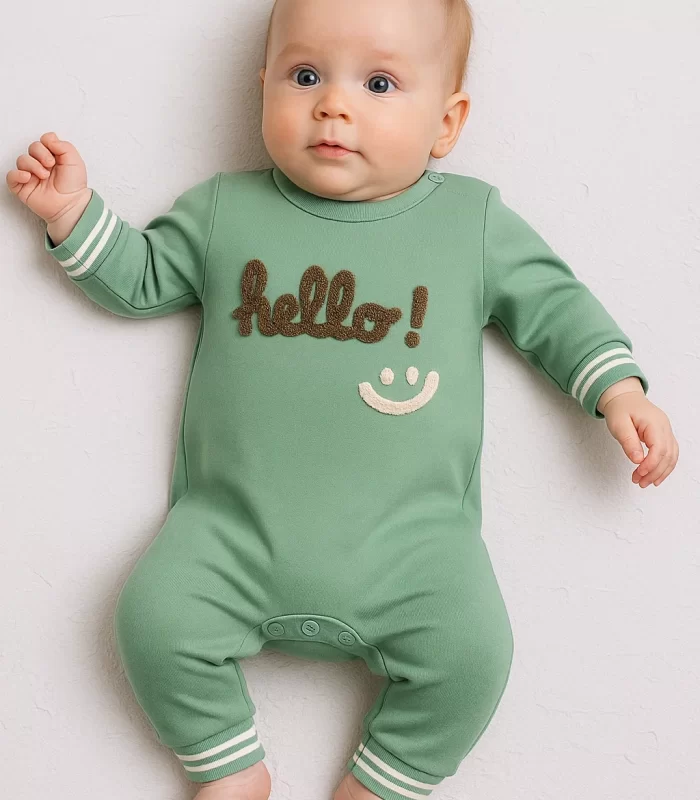 3-12 Ay Erkek Bebek Tulum Hello Nakışlı Yeşil