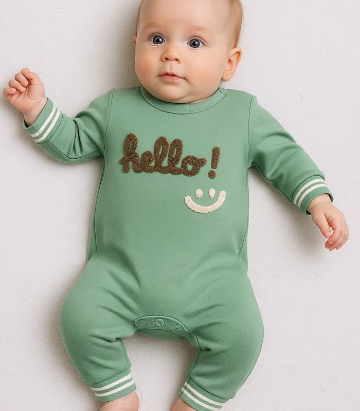 3-12 Ay Erkek Bebek Tulum Hello Nakışlı Yeşil