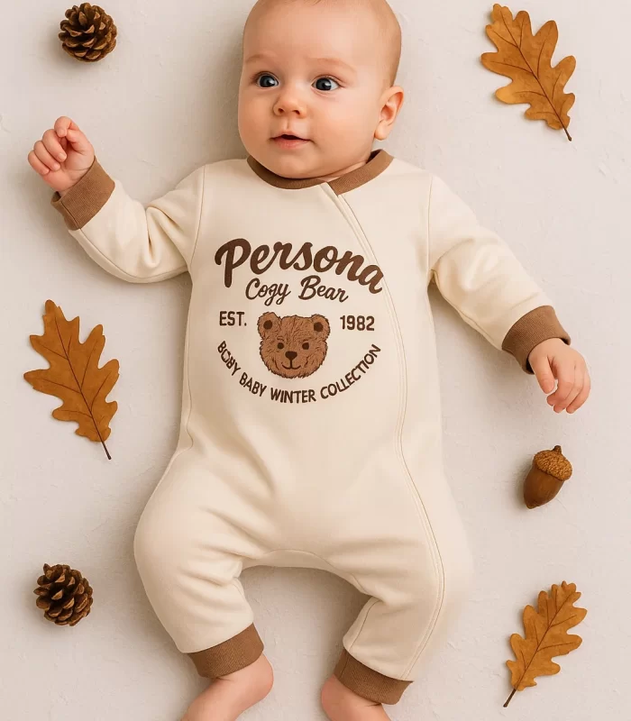 3-12 Ay Erkek Bebek Tulum Persona Bear Nakışlı Kahverengi