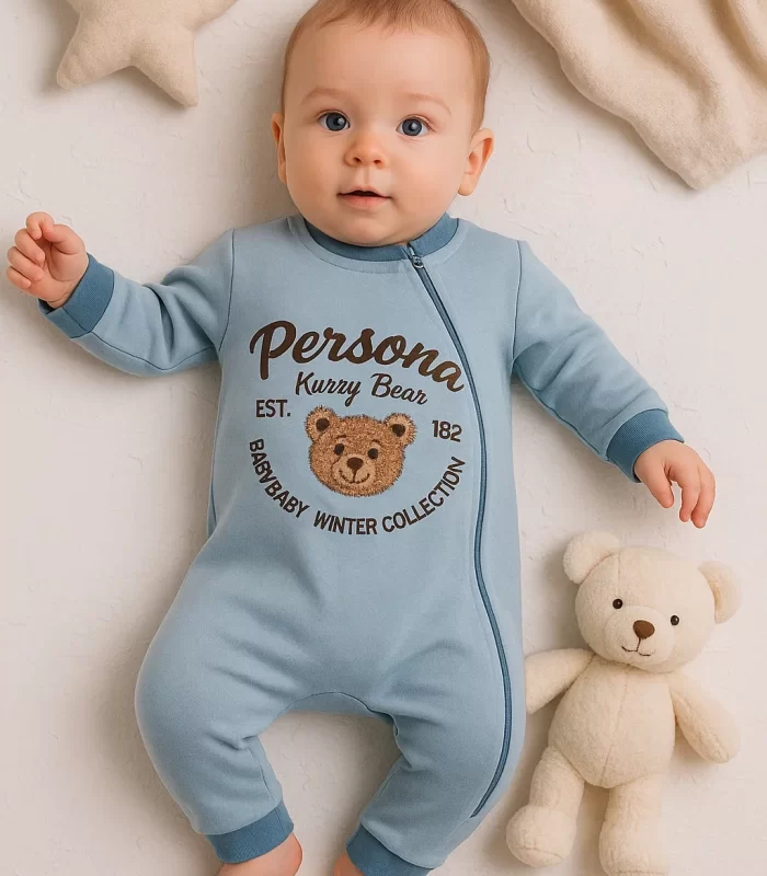 3-12 Ay Erkek Bebek Tulum Persona Bear Nakışlı Mavi