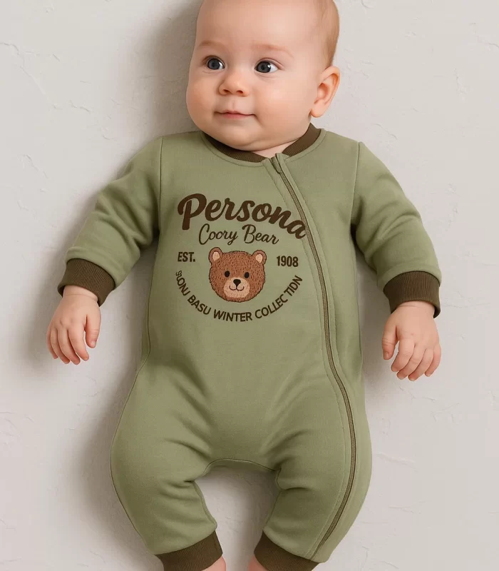 3-12 Ay Erkek Bebek Tulum Persona Bear Nakışlı Yeşil