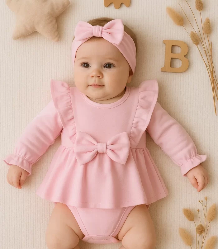 3-12 Ay Fiyonklu Kız Bebek Romper Pembe