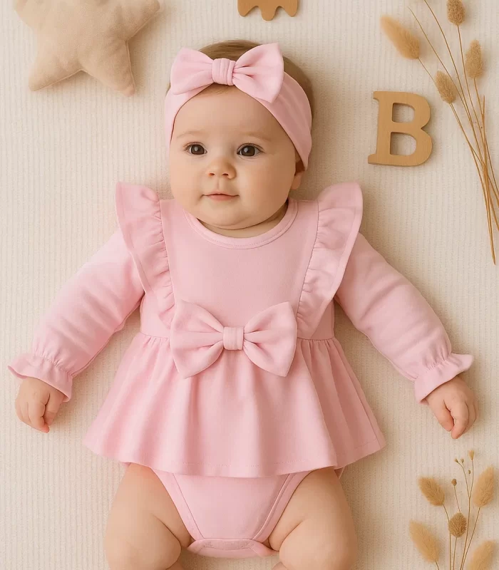 3-12 Ay Fiyonklu Kız Bebek Romper Pembe