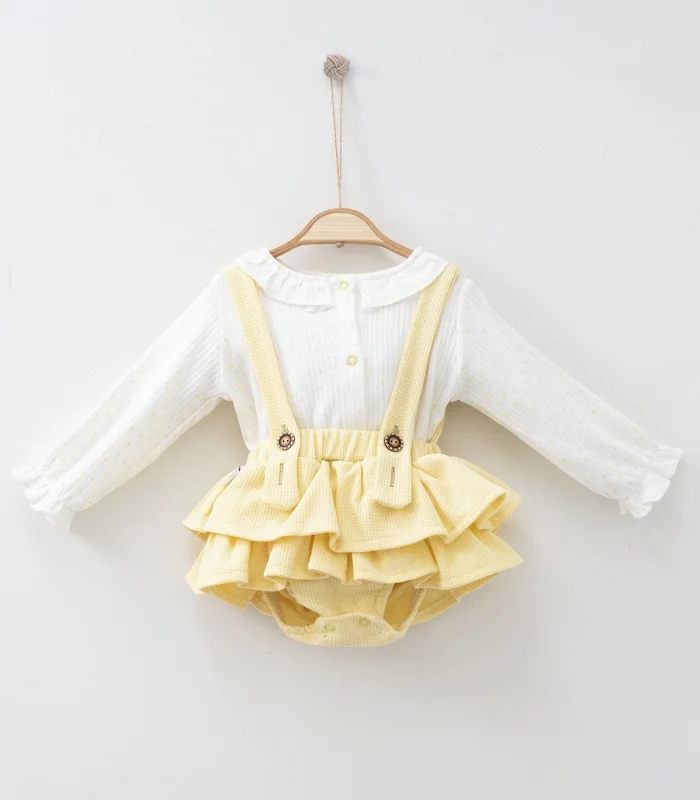 3-12 Ay Kız Bebek Takımı Fırfır Etekli Askılı 2li Sarı