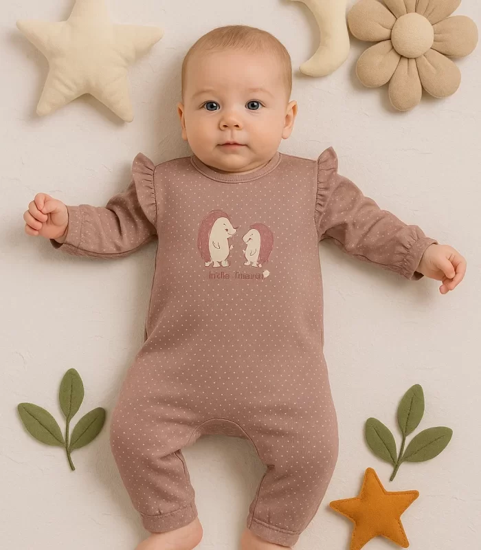 3-12 Ay Kız Bebek Tulum Kirpi Nakışlı Gül Kurusu