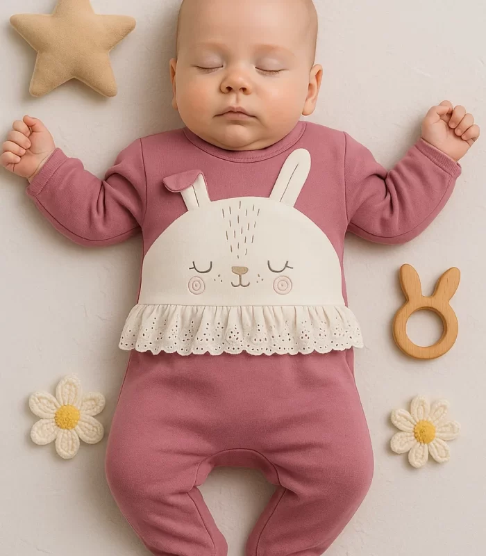 3-12 Ay Kız Bebek Tulum Tavşan Nakışlı Güpürlü Fuşya