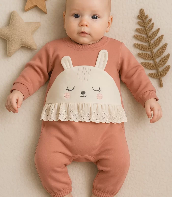 3-12 Ay Kız Bebek Tulum Tavşan Nakışlı Güpürlü Pembe