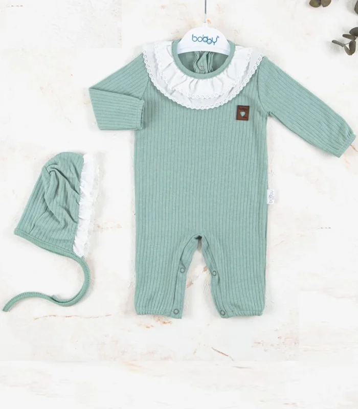 3-12 Ay Kız Bebek Tulumu Brode Nakışlı Şapkalı Yeşil