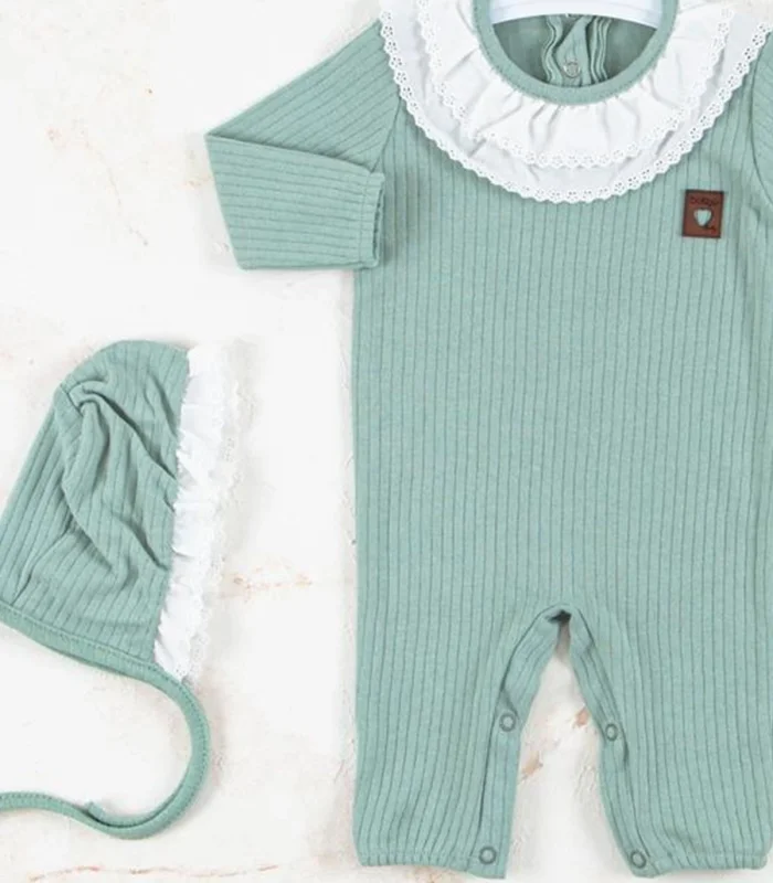 3-12 Ay Kız Bebek Tulumu Brode Nakışlı Şapkalı Yeşil