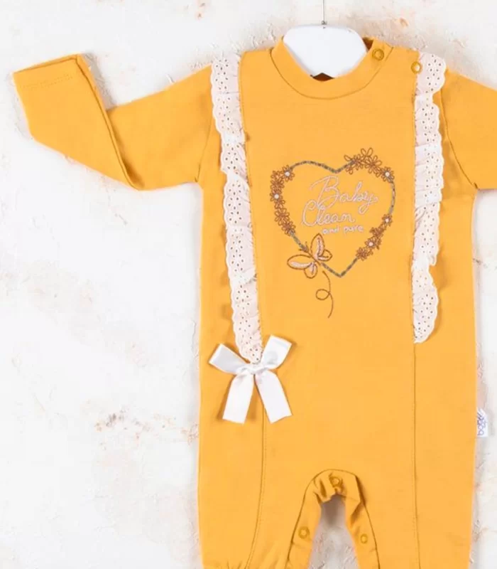3-12 Ay Kız Bebek Tulumu Love Kalp Nakışlı Sarı