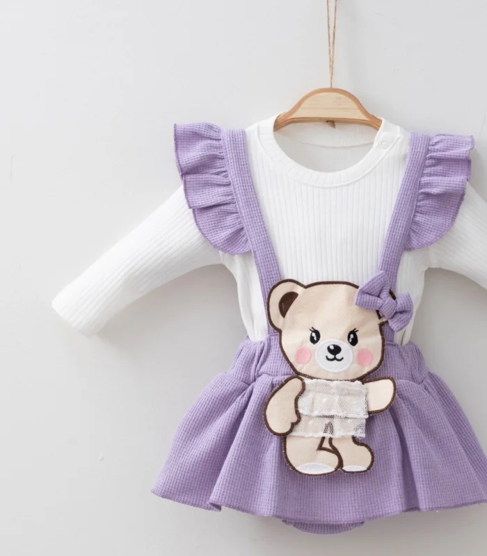 3-12 Ay Kurdaleli Ayıcık Askılı 2li Kız Bebek Alt&Üst Takımı