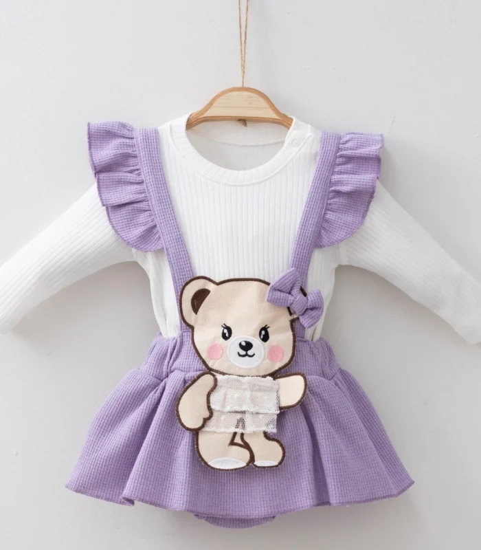 3-12 Ay Kurdaleli Ayıcık Askılı 2li Kız Bebek Alt&Üst Takımı