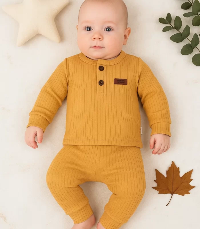 3-18 Ay Çizgili Kumaş 2li Unisex Takımı Hardal
