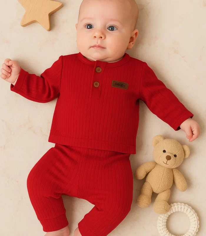 3-18 Ay Çizgili Kumaş 2li Unisex Takımı Kırmızı