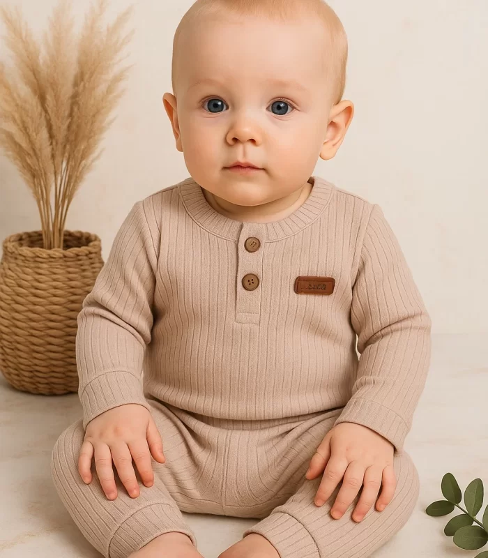 3-18 Ay Çizgili Kumaş 2li Unisex Takımı Krem