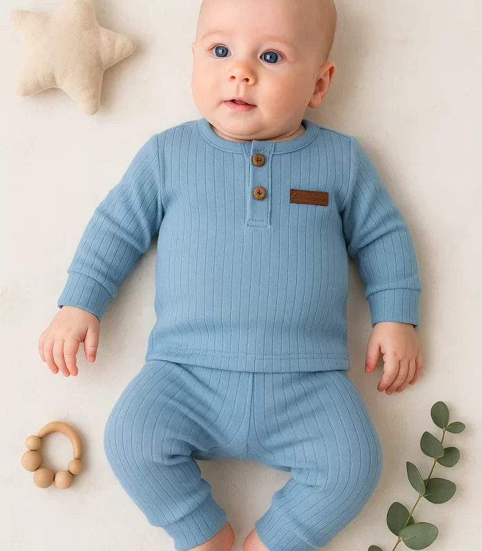 3-18 Ay Çizgili Kumaş 2li Unisex Takımı Mavi