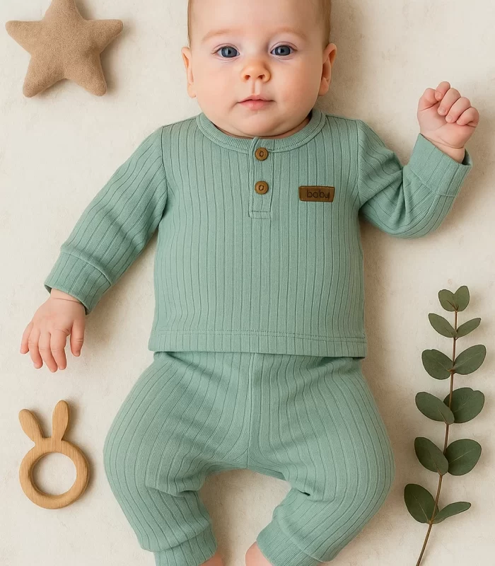 3-18 Ay Çizgili Kumaş 2li Unisex Takımı Yeşil