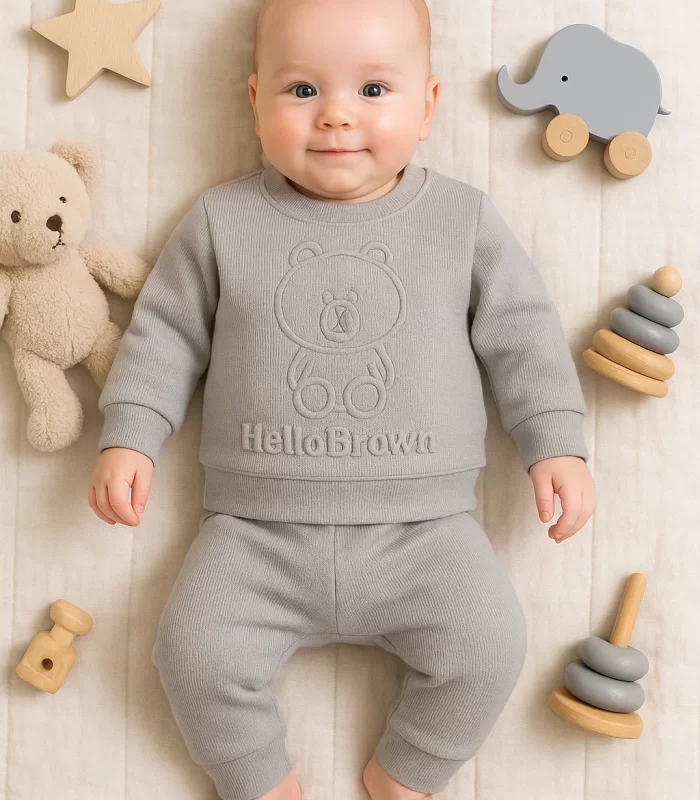 3-18 Ay Erkek Bebek Takımı Bear Gofre Kabartmalı 2li Gri