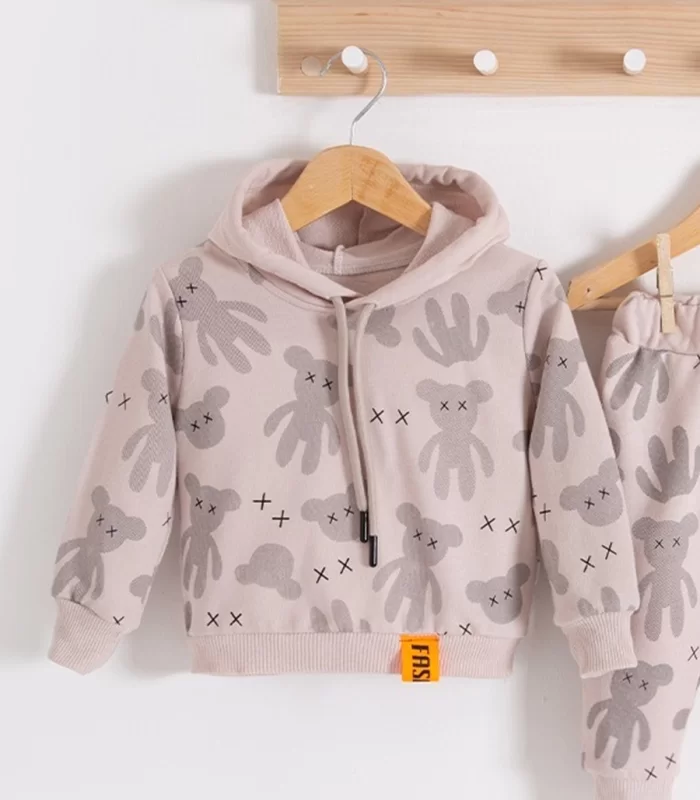 3-18 Ay Erkek Bebek Takımı Cool Bear Kapüşonlu Krem