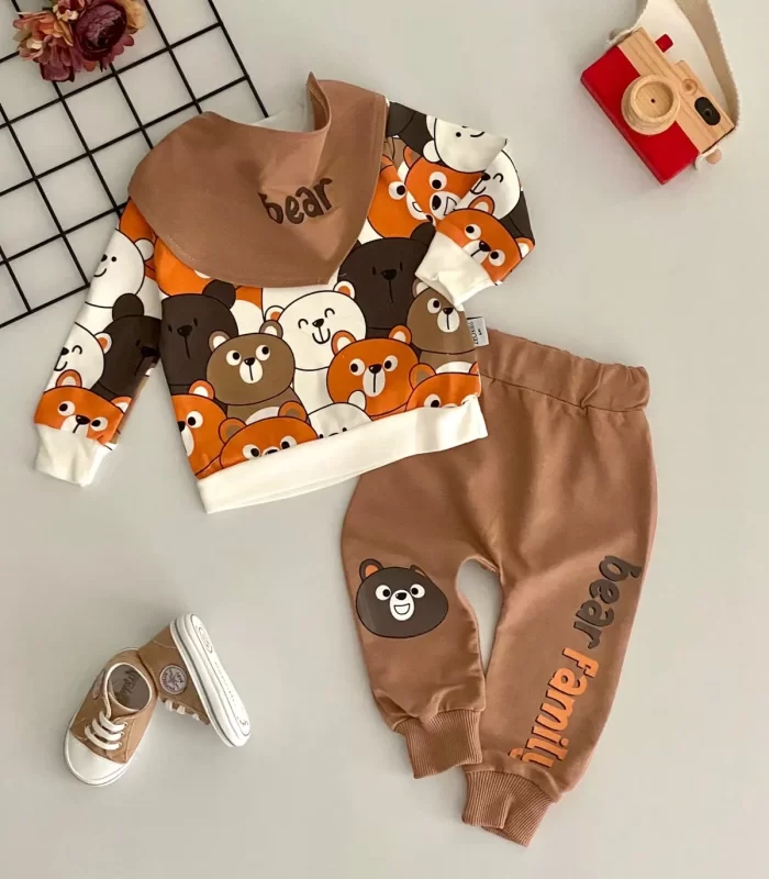 3-18 Ay Erkek Bebek Takımı Family Bears 3lü Fularlı krem