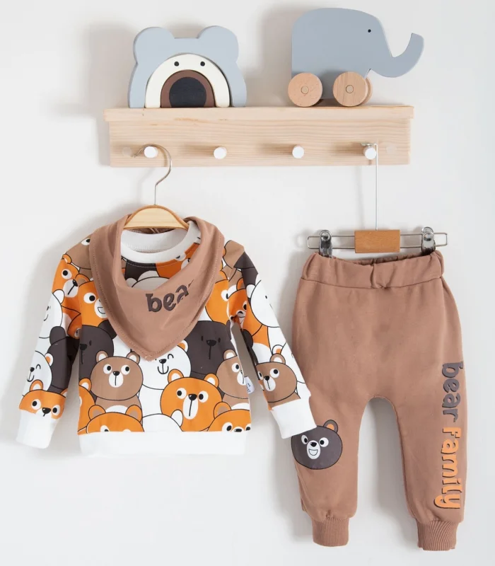 3-18 Ay Erkek Bebek Takımı Family Bears 3lü Fularlı krem