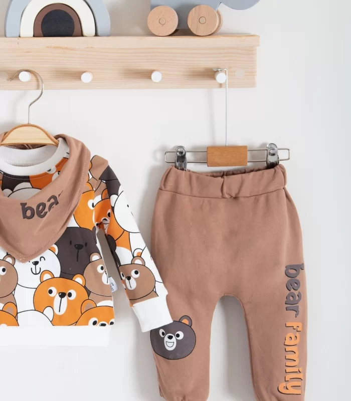 3-18 Ay Erkek Bebek Takımı Family Bears 3lü Fularlı krem