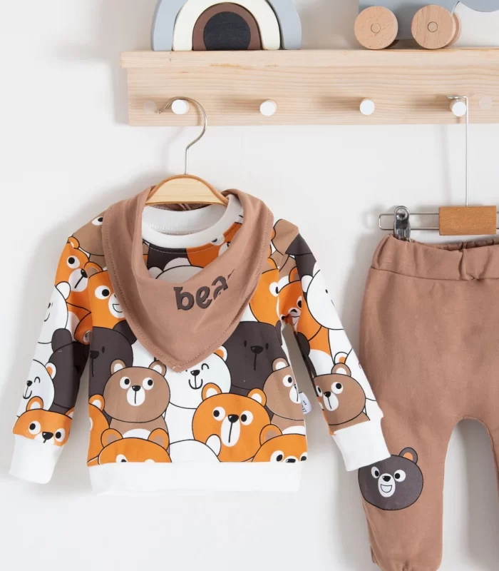 3-18 Ay Erkek Bebek Takımı Family Bears 3lü Fularlı krem