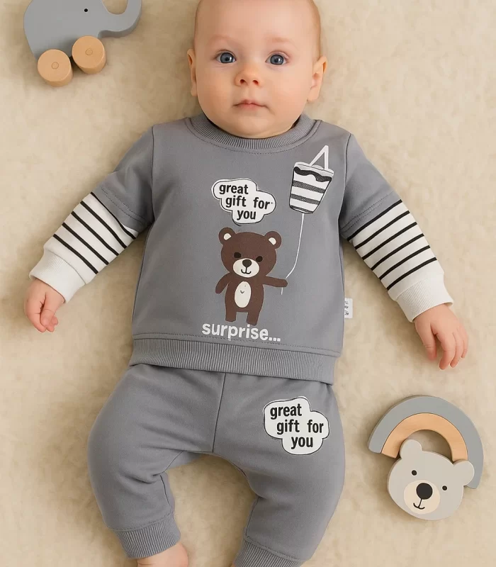 3-18 Ay Erkek Bebek Takımı Gift For You 2li Gri