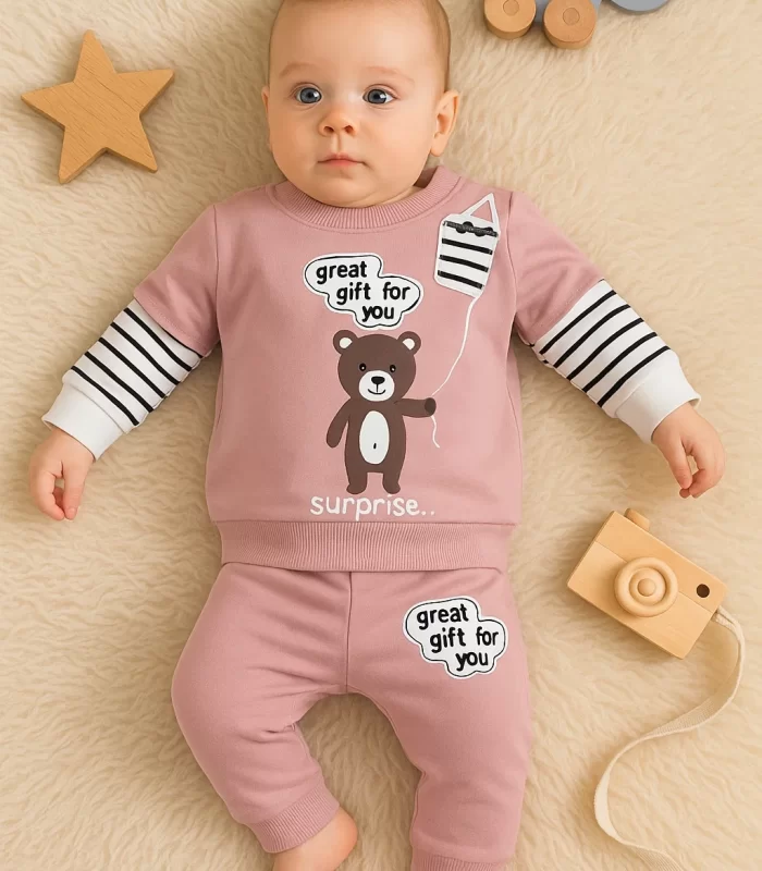 3-18 Ay Erkek Bebek Takımı Gift For You 2li Gül Kurusu