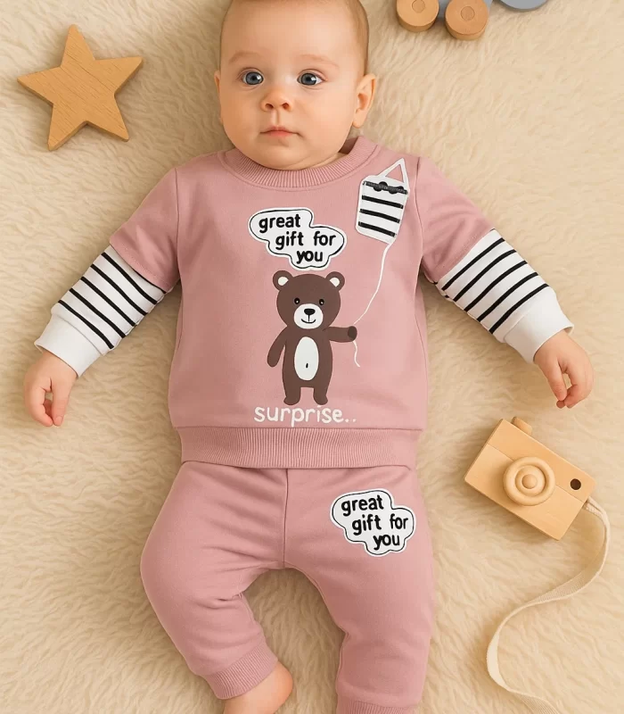 3-18 Ay Erkek Bebek Takımı Gift For You 2li Gül Kurusu