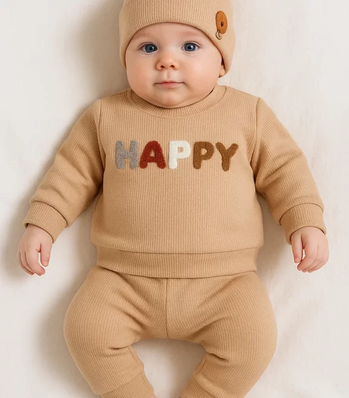 3-18 Ay Erkek Bebek Takımı Happy Nakışlı 2li Kahverengi