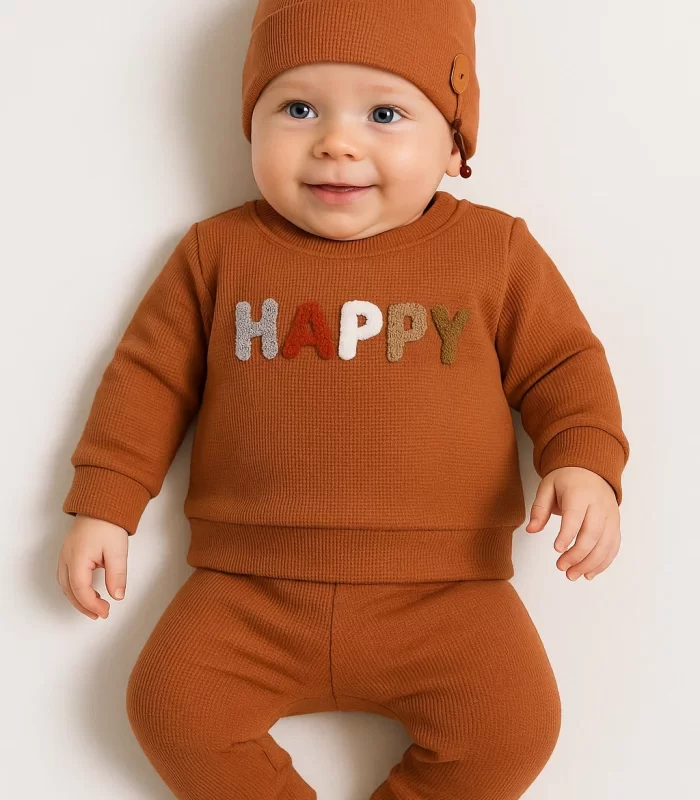 3-18 Ay Erkek Bebek Takımı Happy Nakışlı 2li Kiremit