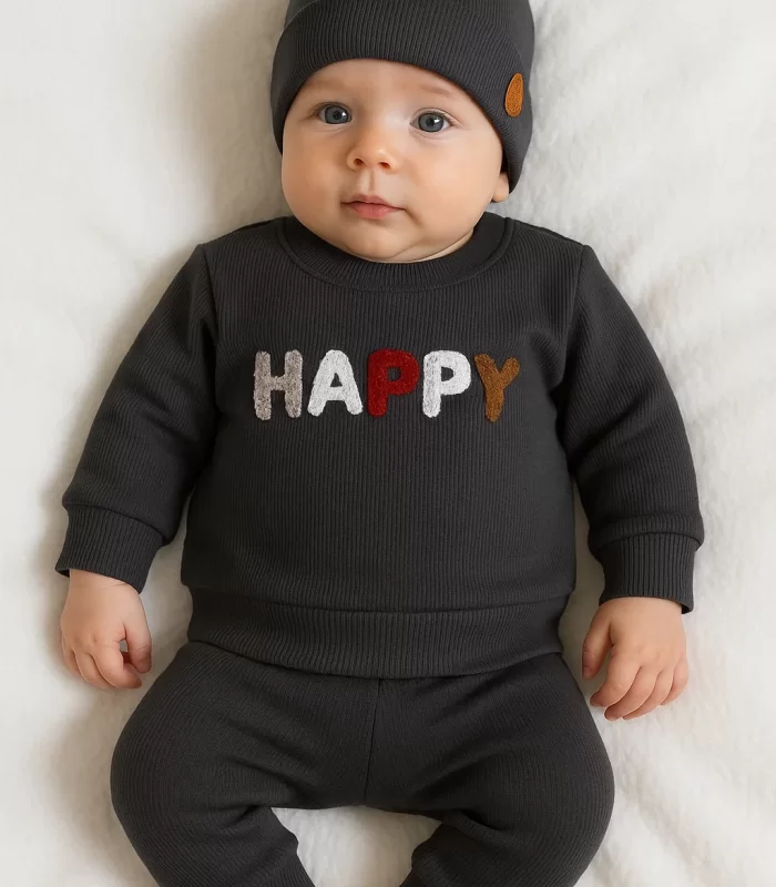 3-18 Ay Erkek Bebek Takımı Happy Nakışlı 2li Siyah