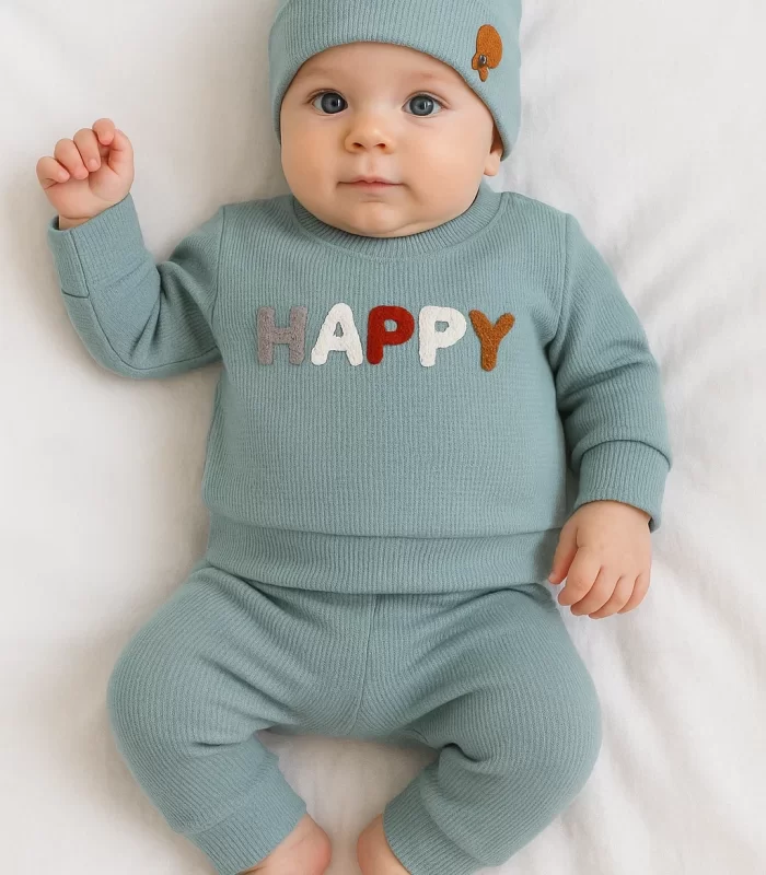 3-18 Ay Erkek Bebek Takımı Happy Nakışlı 2li Yeşil