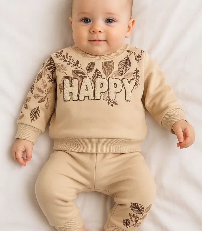 3-18 Ay Erkek Bebek Takımı Happy Yaprak 2li Krem
