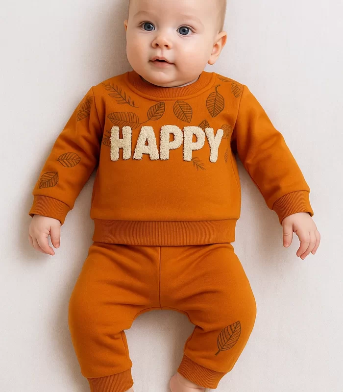 3-18 Ay Erkek Bebek Takımı Happy Yaprak 2li Turuncu