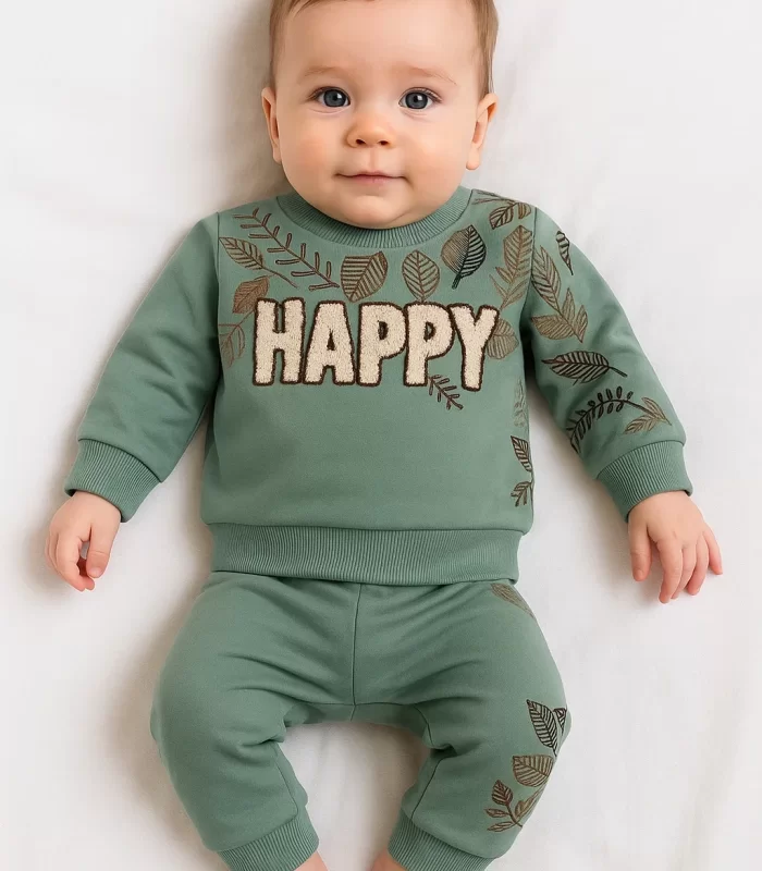 3-18 Ay Erkek Bebek Takımı Happy Yaprak 2li Yeşil