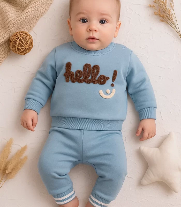 3-18 Ay Erkek Bebek Takımı Hello Nakışlı 2li Mavi