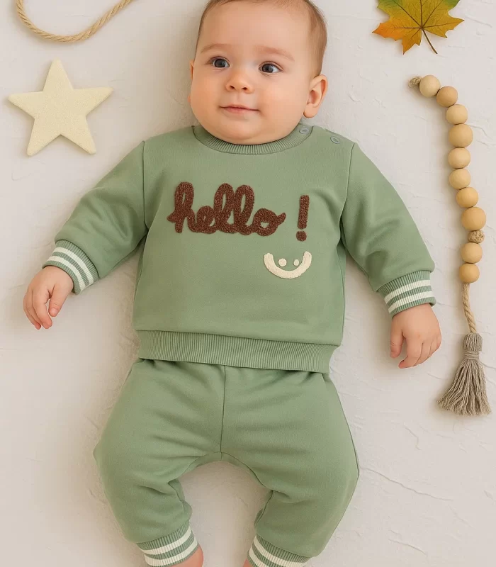 3-18 Ay Erkek Bebek Takımı Hello Nakışlı 2li Yeşil