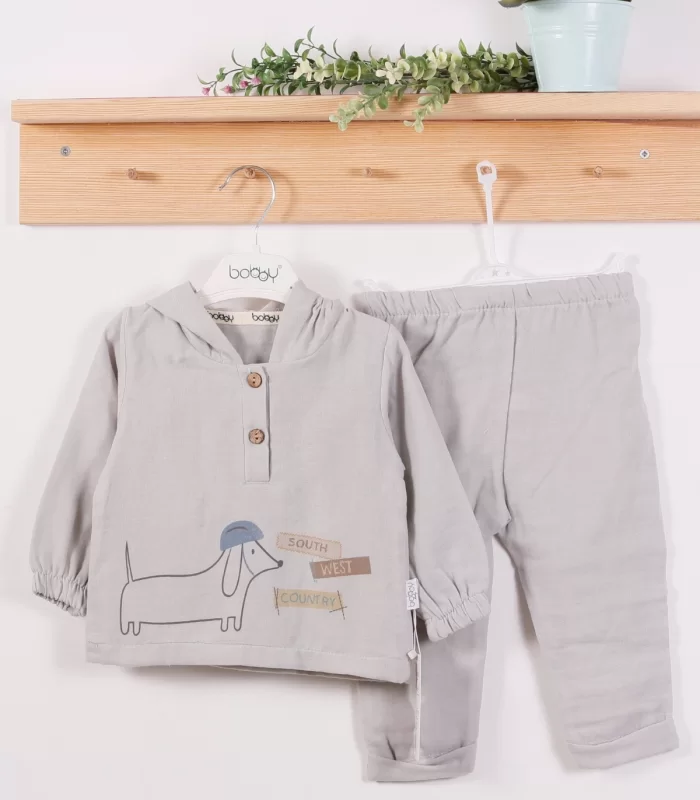 3-18 Ay Erkek Bebek Takımı Müslin Kumaş long Dog Gri