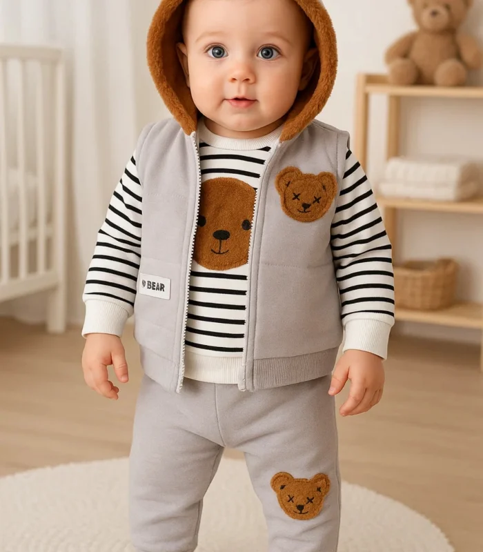 3-18 Ay Erkek Bebek Takımı Peluş Ayıcık Kapişon 3lü Gri