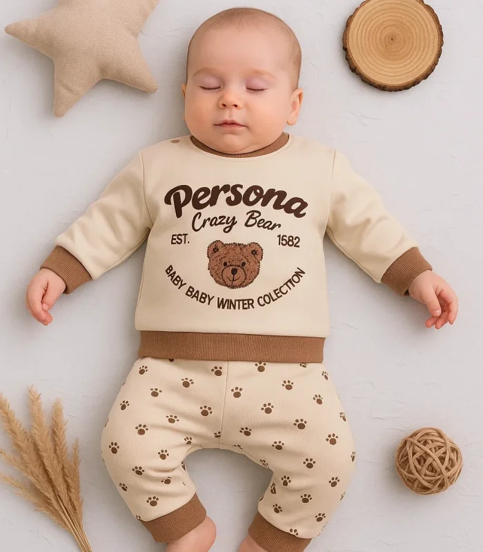 3-18 Ay Erkek Bebek Takımı Persona Bear Nakışlı 2li Krem