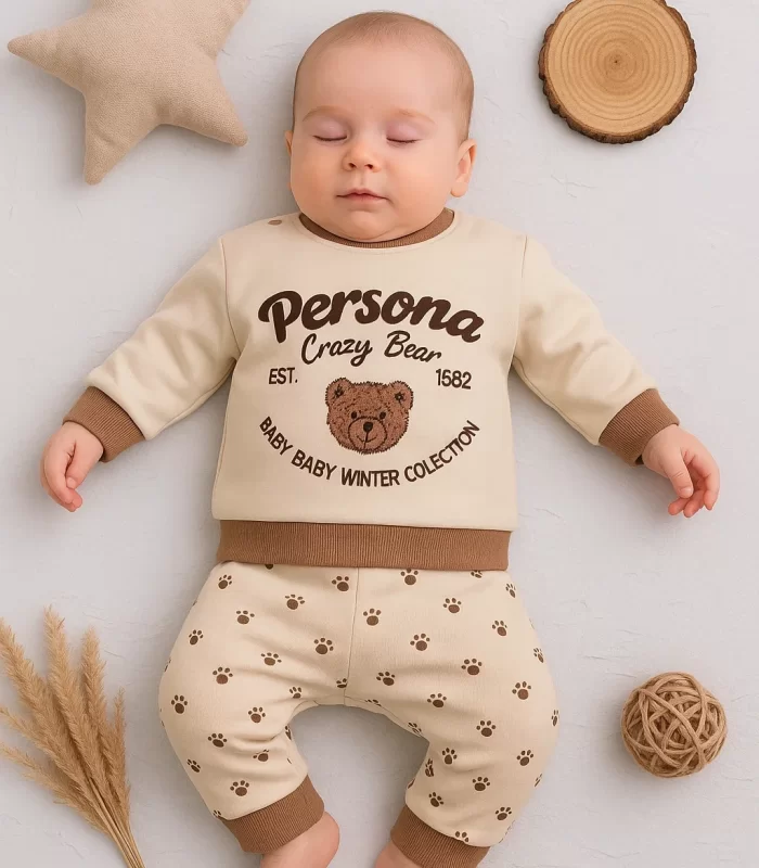 3-18 Ay Erkek Bebek Takımı Persona Bear Nakışlı 2li Krem