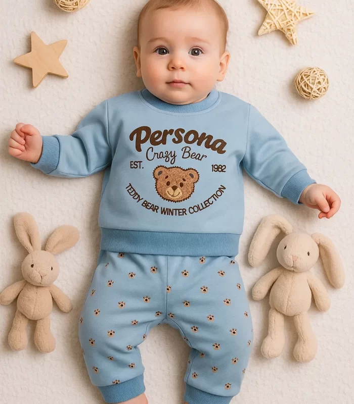 3-18 Ay Erkek Bebek Takımı Persona Bear Nakışlı 2li Mavi