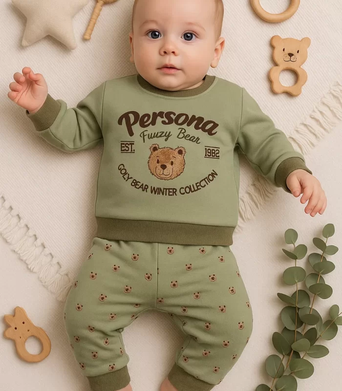 3-18 Ay Erkek Bebek Takımı Persona Bear Nakışlı 2li Yeşil