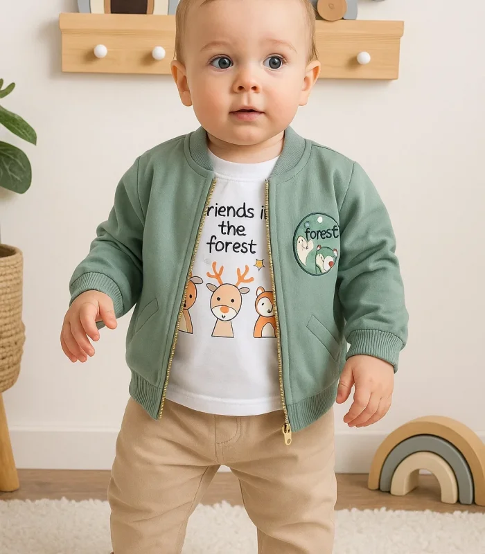 3-18 Ay Forest Hırkalı 3lü Erkek Bebek Alt&Üst Takımı Yeşil