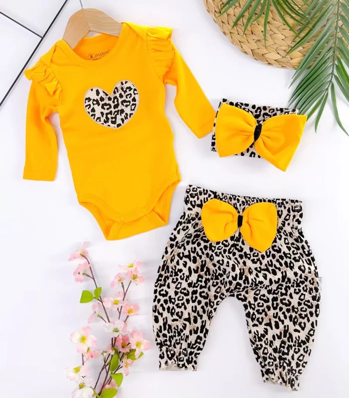 3-18 Ay Kız Bebek Alt&Üst Takımı Fiyonklu Leopar Sarı